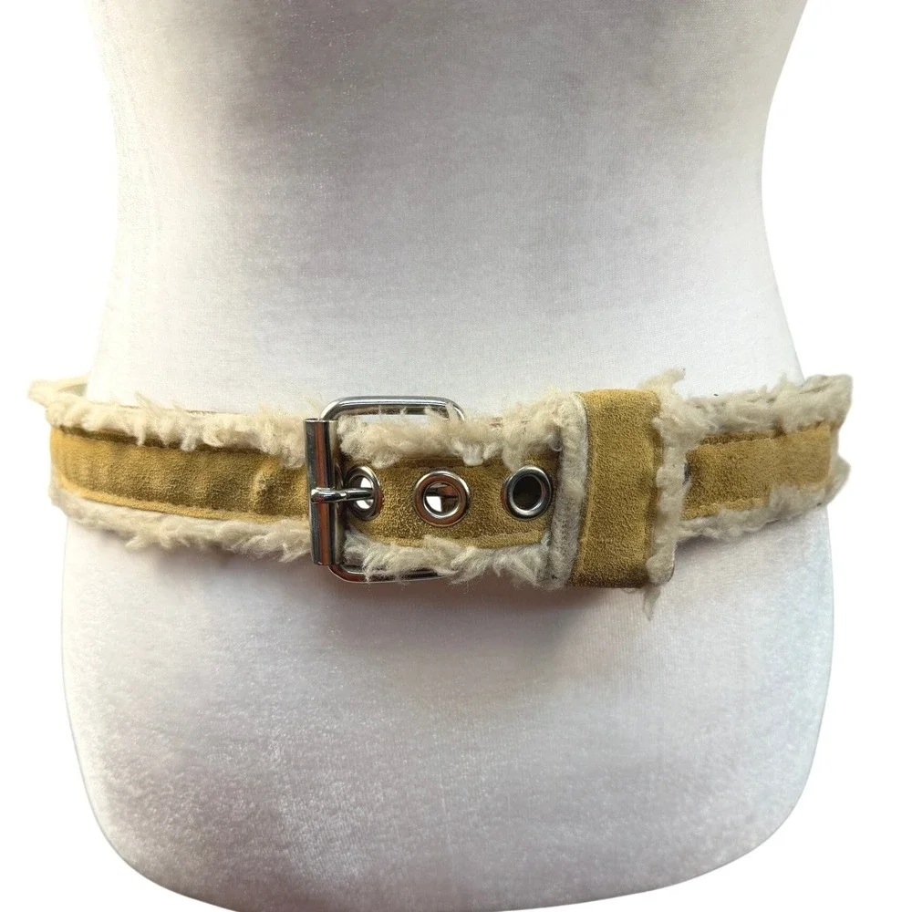 Vintage Tan Suede Shearling Trim Belt Silver Grommet Buckle Made in USA‎ M/L